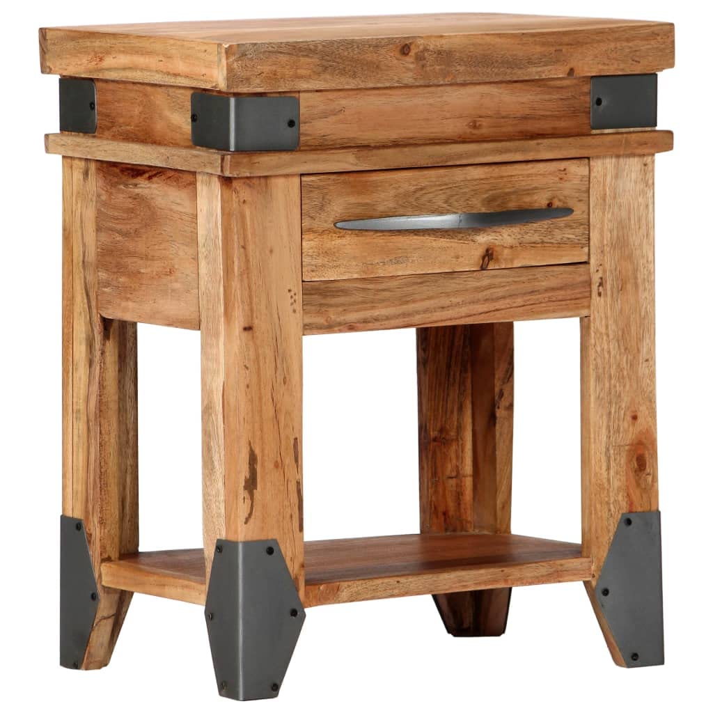 vidaXL Wooden Bedside Cabinet/Couch Table | Industrial Charm | Solid Acacia Wood | Drawer and Shelf | 15.7"x11.8"x20.1"